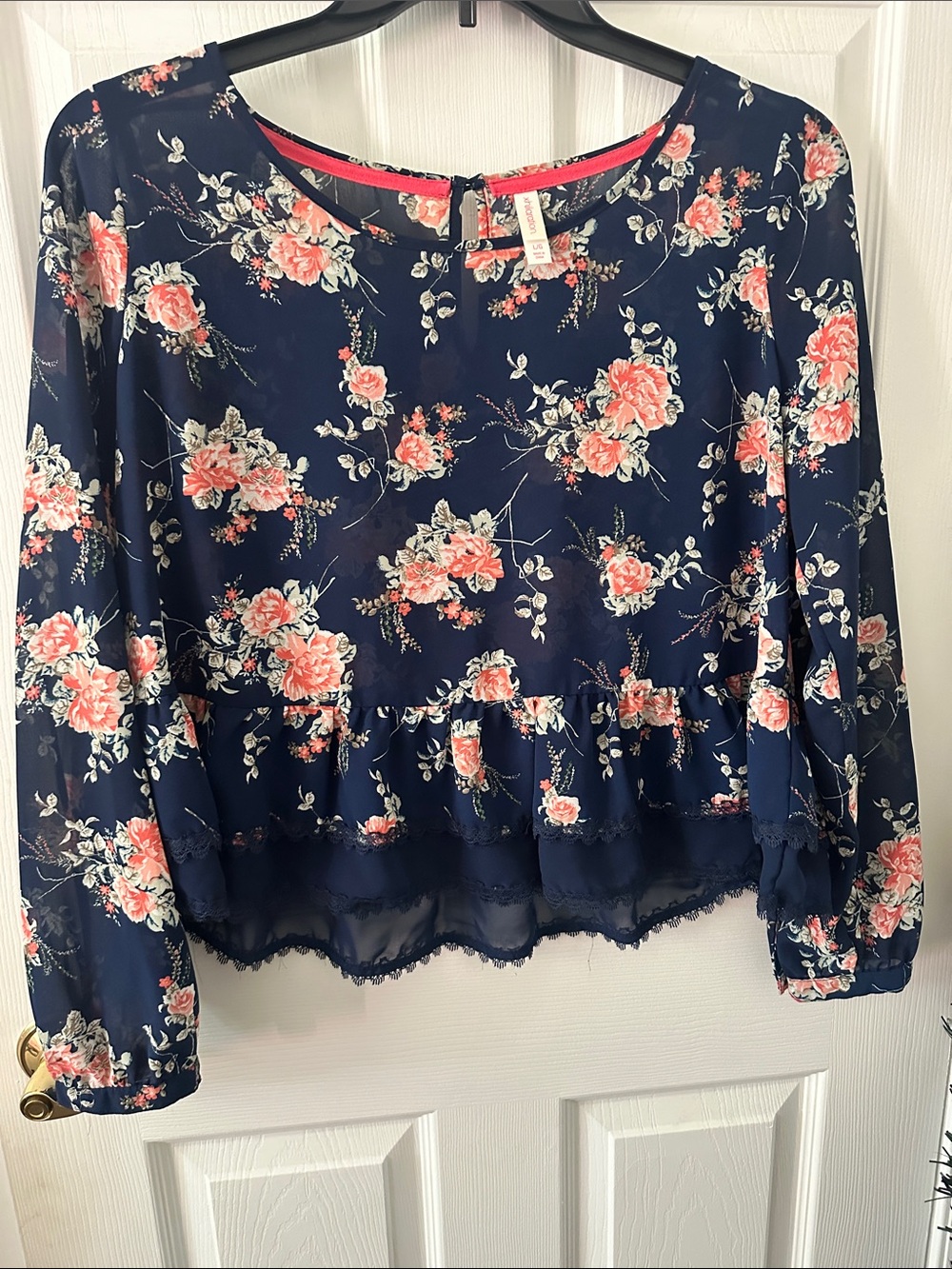 Xhilaration Navy Floral Peplum Blouse with Coral Roses